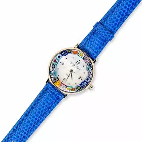 Часы круглые Bottega Murano, золото, ремешок синий, стекло мультиколор
