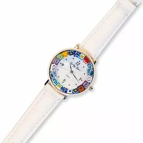 Часы Bottega Murano, белый ремешок, золотистая оправа, обод мультиколор