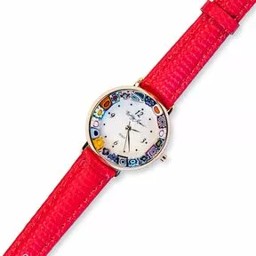 Часы Bottega Murano, красный ремешок, золотистая оправа, обод мультиколор