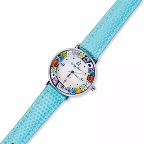 Часы Bottega Murano, голубой ремешок, серебряная оправа, обод мультиколор